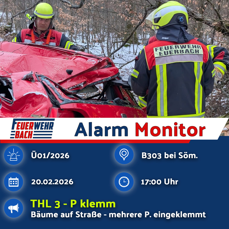 Übungsalarm für die Feuerwehr Euerbach am 20.02.2026 in einem Waldstück an der B303 zwischen Sömmersdorf und Brebersdorf.